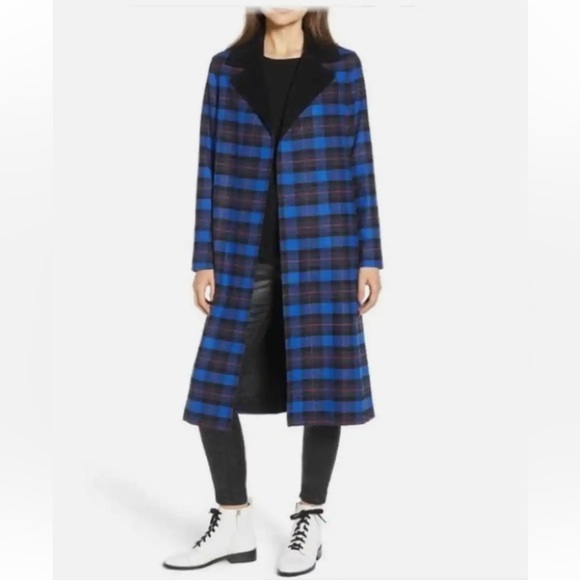 Helene Berman London Wool Blend Blue Tartan Plaid Open Front Long Coat Small - Picture 1 of 14